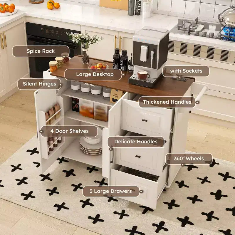 Îlot de cuisine en bois massif blanc de 137 cm avec plateau pliable, prises de courant/ports USB, rangements de porte et tiroirs