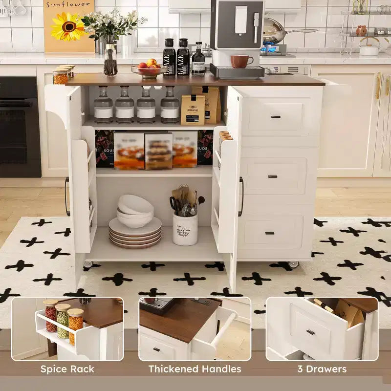 Îlot de cuisine en bois massif blanc de 137 cm avec plateau pliable, prises de courant/ports USB, rangements de porte et tiroirs