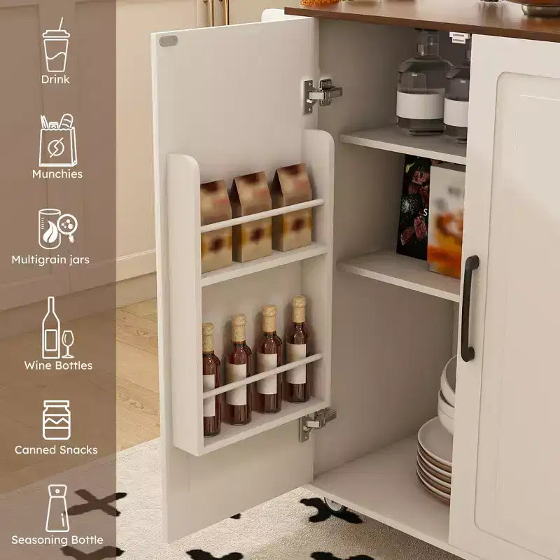 Îlot de cuisine en bois massif blanc de 137 cm avec plateau pliable, prises de courant/ports USB, rangements de porte et tiroirs