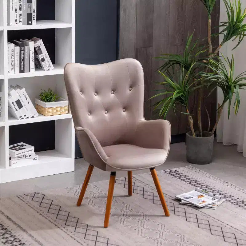 Fauteuil d'appoint en velours soyeux, chaise longue avec dossier capitonné, pieds en bois massif, fauteuil baril rembourré en mousse pour salon, salle à manger