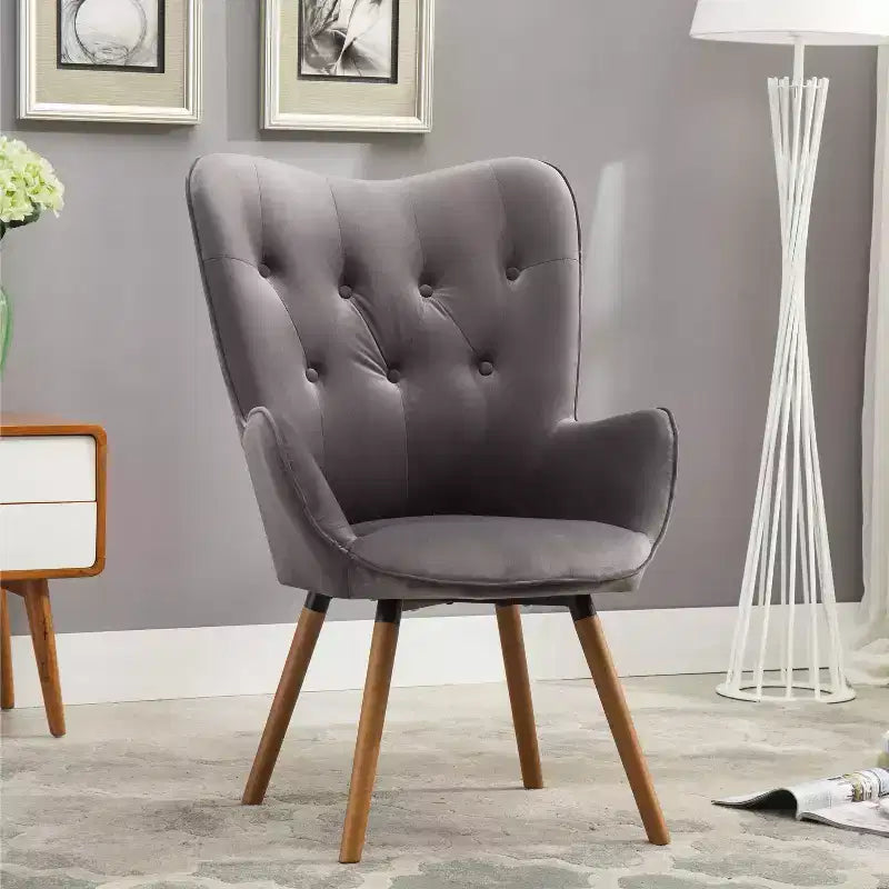 Fauteuil d'appoint en velours soyeux, chaise longue avec dossier capitonné, pieds en bois massif, fauteuil baril rembourré en mousse pour salon, salle à manger