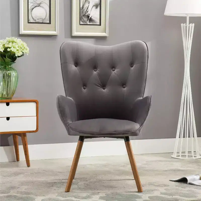 Fauteuil d'appoint en velours soyeux, chaise longue avec dossier capitonné, pieds en bois massif, fauteuil baril rembourré en mousse pour salon, salle à manger