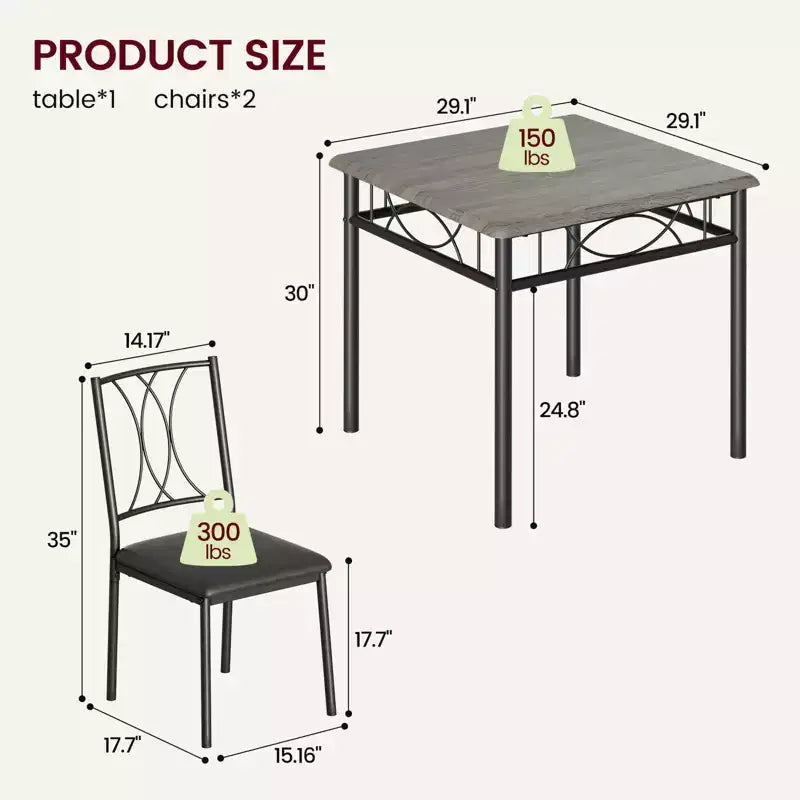 Ensemble table à manger et 2 chaises, 3 pièces, avec structure en métal, ensemble table carrée pour petits espaces, appartement, salle à manger