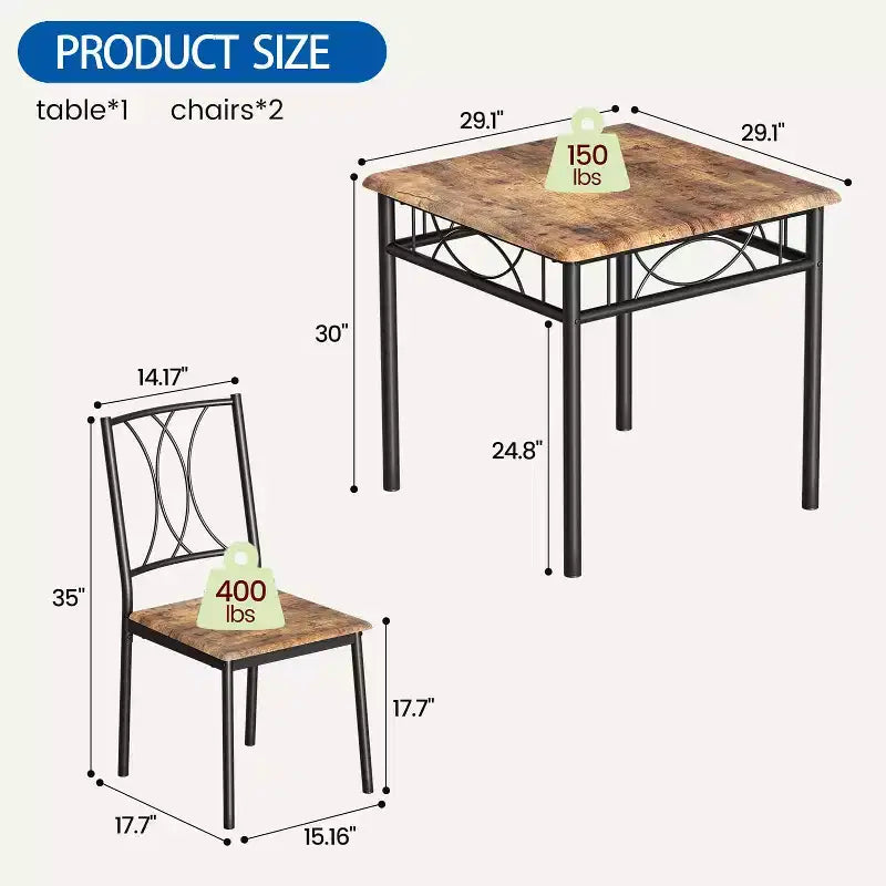 Ensemble table à manger et 2 chaises, 3 pièces, avec structure en métal, ensemble table carrée pour petits espaces, appartement, salle à manger