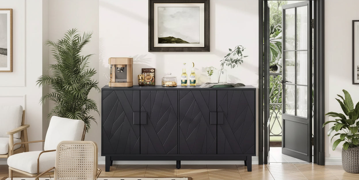 55 Modern Black Sideboard Buffet Cabinet, 4-Door Engineered Wood Credenza with Abstract Geometric Line Pattern & Solid Wood Legs - Panipeachy