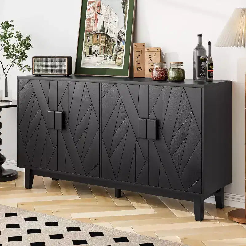 Meuble de rangement moderne Panipeachy, buffet/bahut noir de 140 cm, en bois manufacturé, avec 4 portes à motif géométrique abstrait et pieds en bois massif