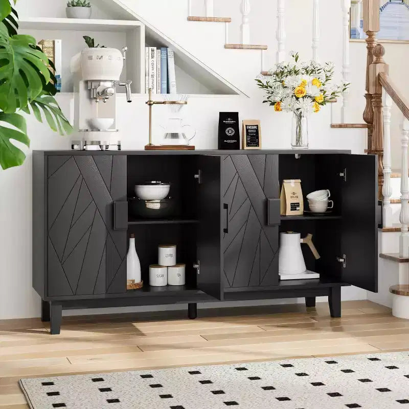 Meuble de rangement moderne Panipeachy, buffet/bahut noir de 140 cm, en bois manufacturé, avec 4 portes à motif géométrique abstrait et pieds en bois massif