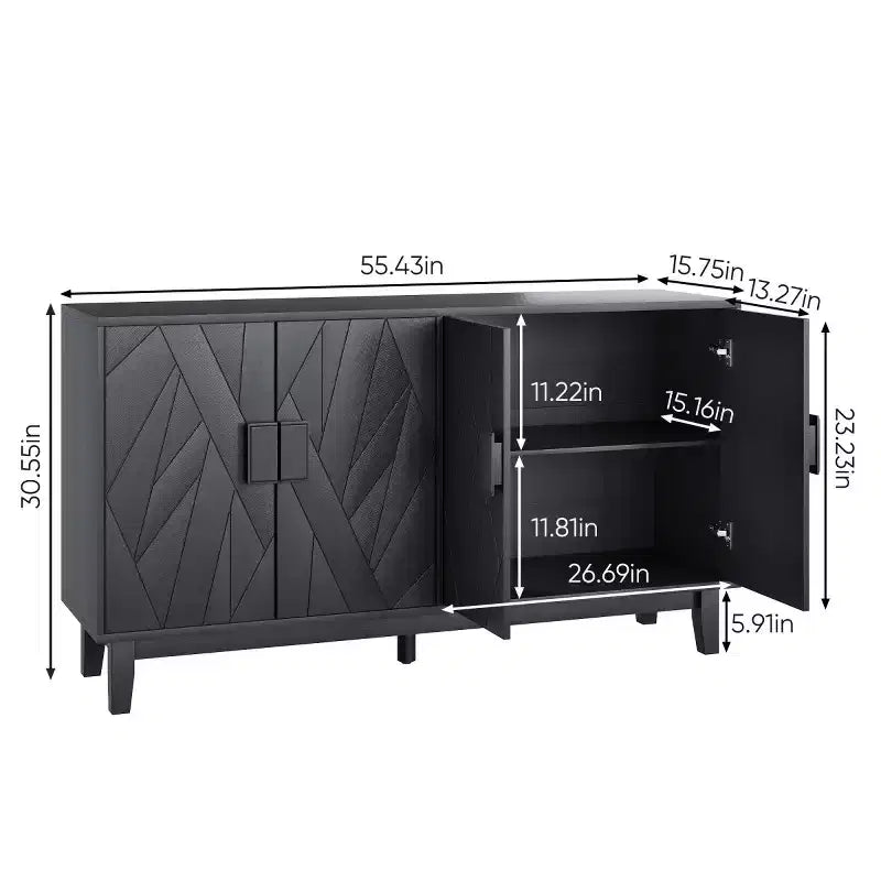 Meuble de rangement moderne Panipeachy, buffet/bahut noir de 140 cm, en bois manufacturé, avec 4 portes à motif géométrique abstrait et pieds en bois massif