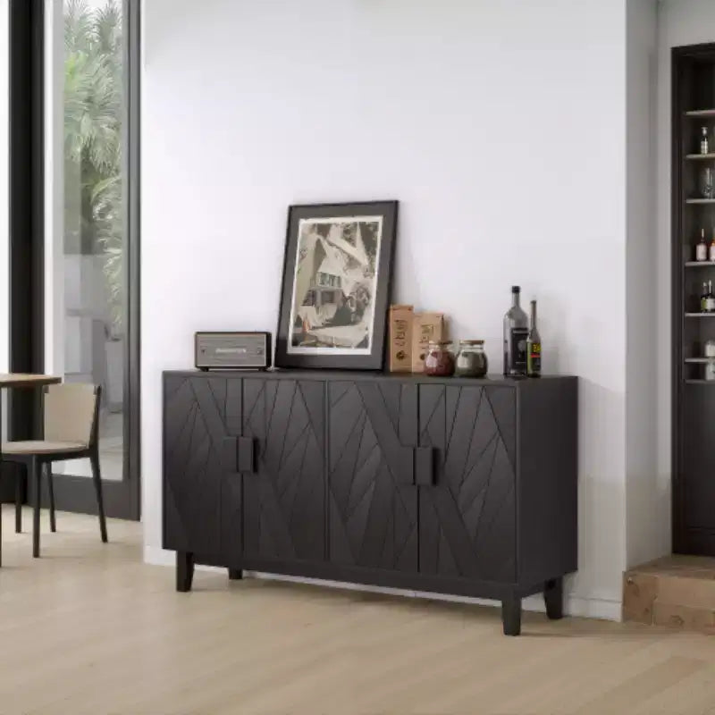 Meuble de rangement moderne Panipeachy, buffet/bahut noir de 140 cm, en bois manufacturé, avec 4 portes à motif géométrique abstrait et pieds en bois massif