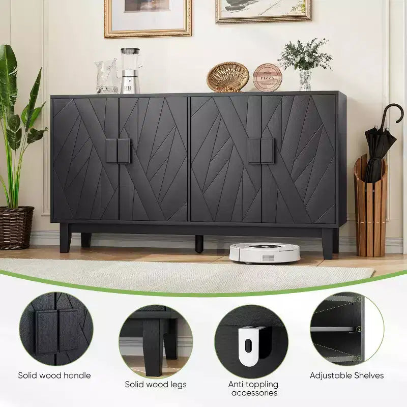 Meuble de rangement moderne Panipeachy, buffet/bahut noir de 140 cm, en bois manufacturé, avec 4 portes à motif géométrique abstrait et pieds en bois massif