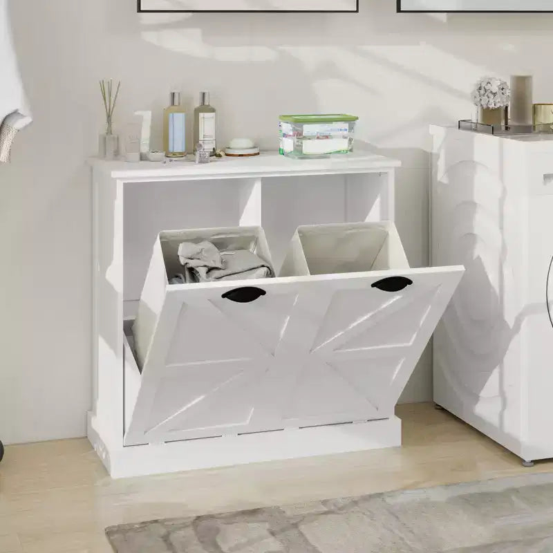 Meuble de buanderie inclinable avec deux compartiments de tri et une étagère supérieure de rangement