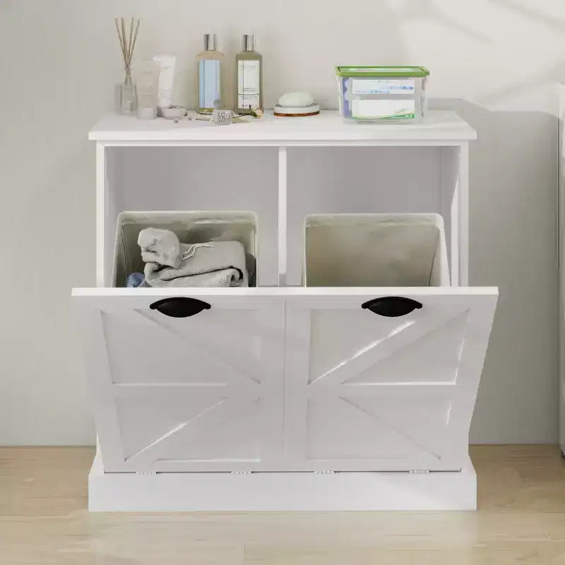 Meuble de buanderie inclinable avec deux compartiments de tri et une étagère supérieure de rangement