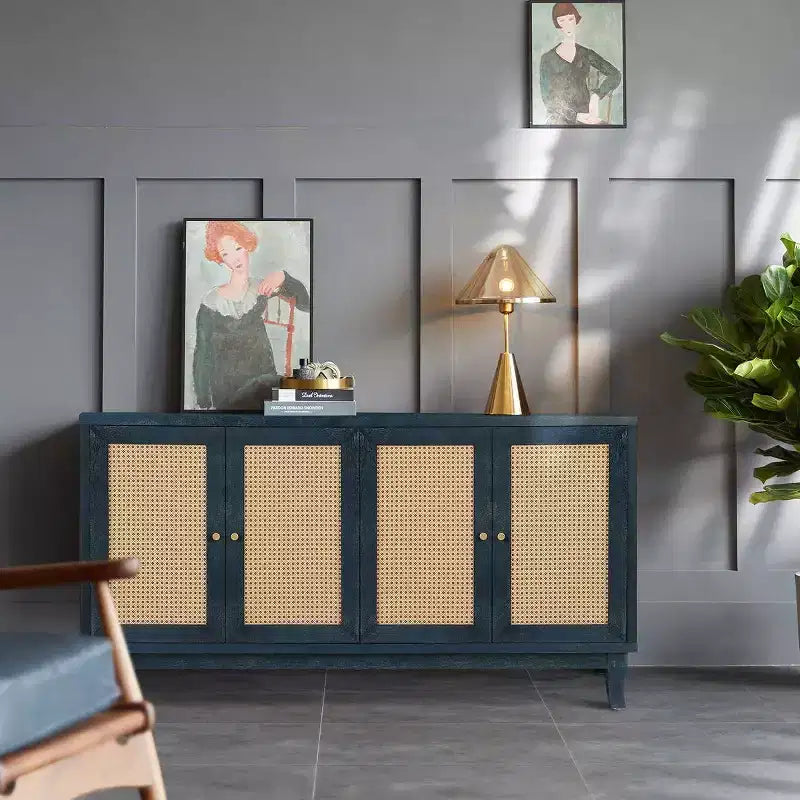 Buffet bahut bohème côtier 60, armoire de rangement d'appoint avec portes en rotin naturel, pieds en pin massif - Panipeachy