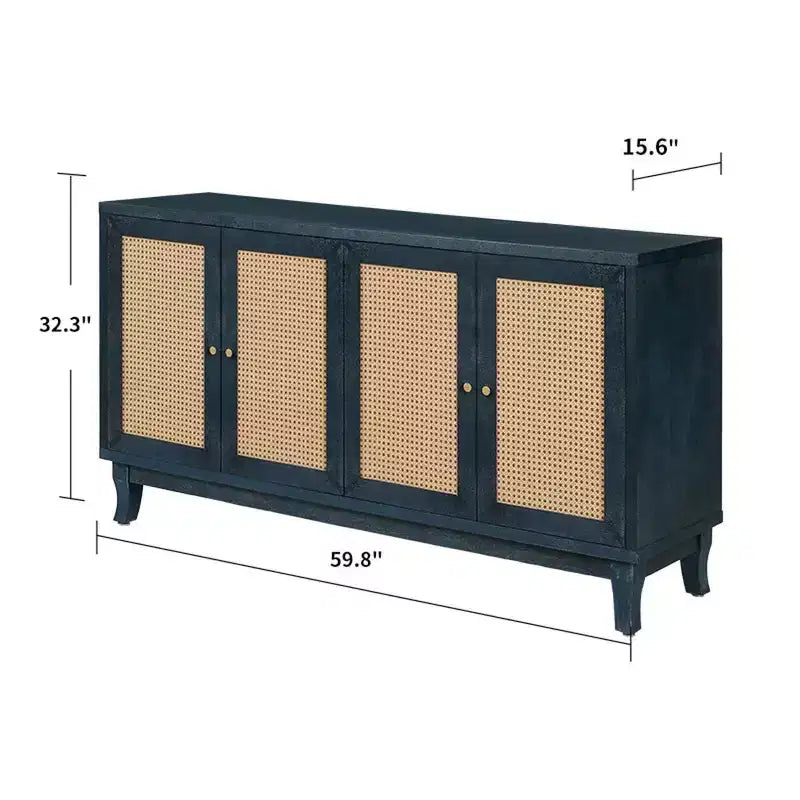Buffet bahut bohème côtier 60, armoire de rangement d'appoint avec portes en rotin naturel, pieds en pin massif - Panipeachy