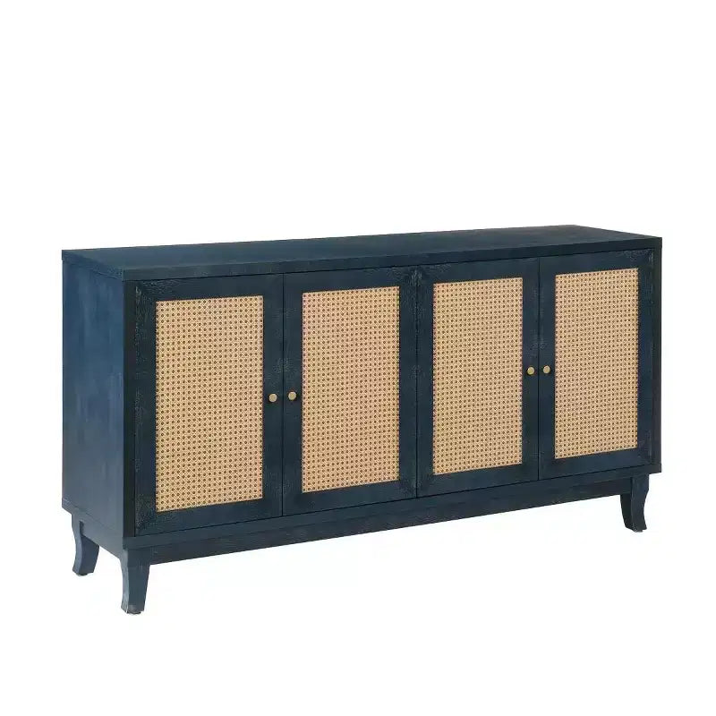 Buffet bahut bohème côtier 60, armoire de rangement d'appoint avec portes en rotin naturel, pieds en pin massif - Panipeachy