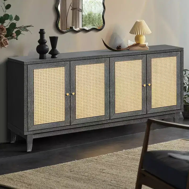 Buffet bahut bohème côtier 60, armoire de rangement d'appoint avec portes en rotin naturel, pieds en pin massif - Panipeachy