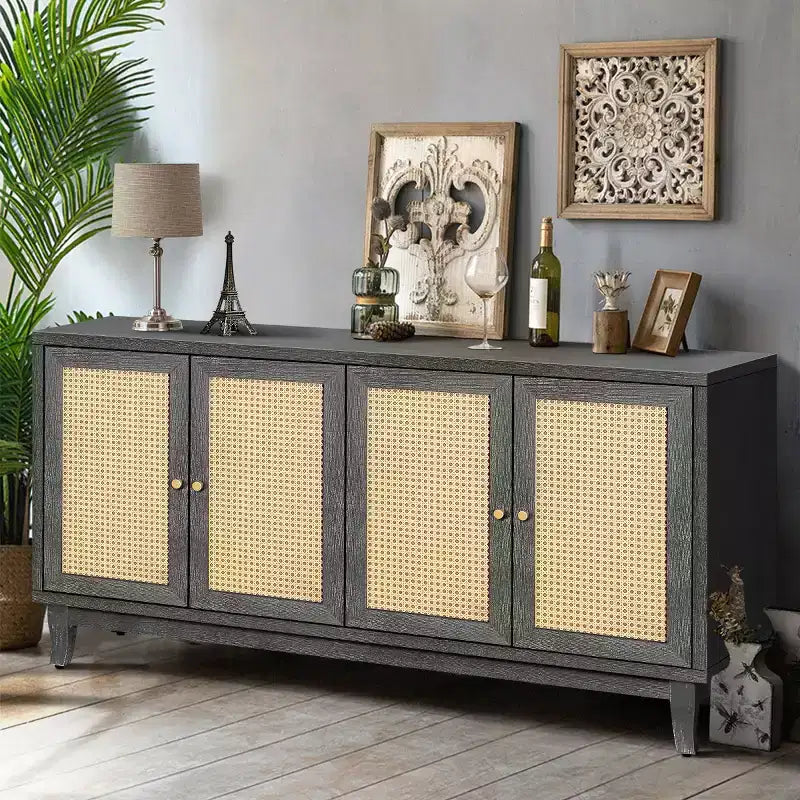Buffet bahut bohème côtier 60, armoire de rangement d'appoint avec portes en rotin naturel, pieds en pin massif - Panipeachy