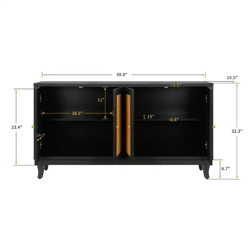 Buffet bahut bohème côtier 60, armoire de rangement d'appoint avec portes en rotin naturel, pieds en pin massif - Panipeachy