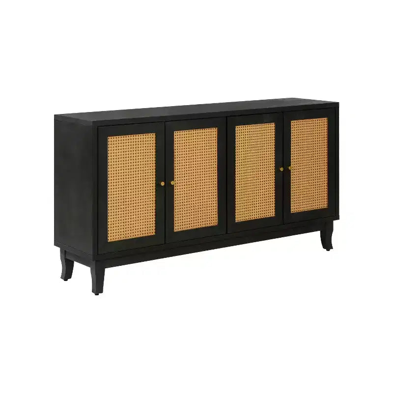Buffet bahut bohème côtier 60, armoire de rangement d'appoint avec portes en rotin naturel, pieds en pin massif - Panipeachy