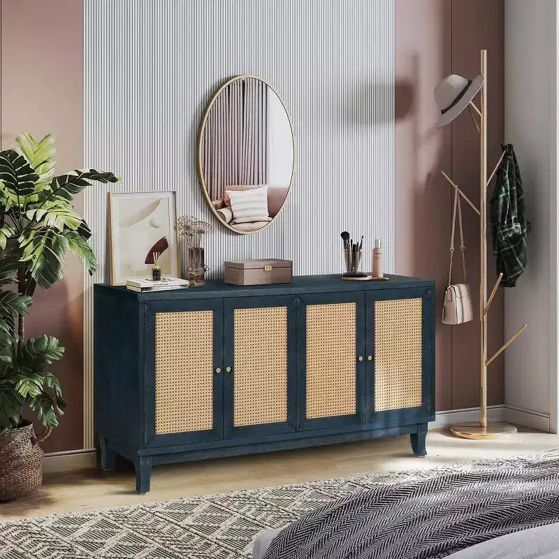 Buffet bahut bohème côtier 60, armoire de rangement d'appoint avec portes en rotin naturel, pieds en pin massif - Panipeachy