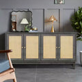 60 Coastal Boho Sideboard Buffet, Accent Storage Cabinet Cupboard with Natural Rattan Doors, Solid Pine Legs - Panipeachy