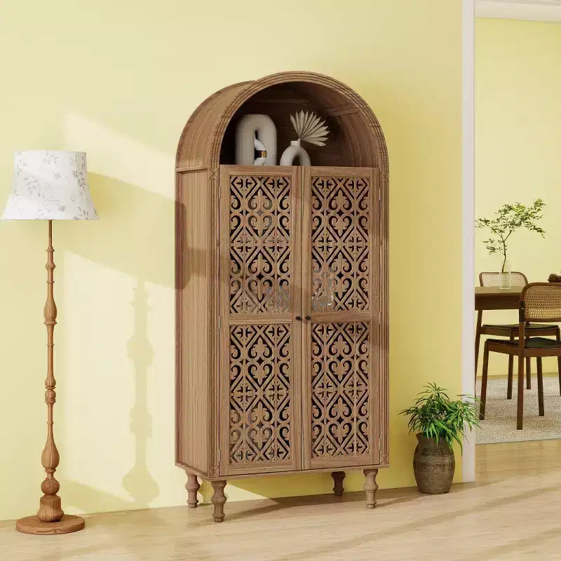 70 Armoire de cuisine bohème à arches, grand placard de rangement sculpté en bois composite avec portes creuses et étagères - Panipeachy