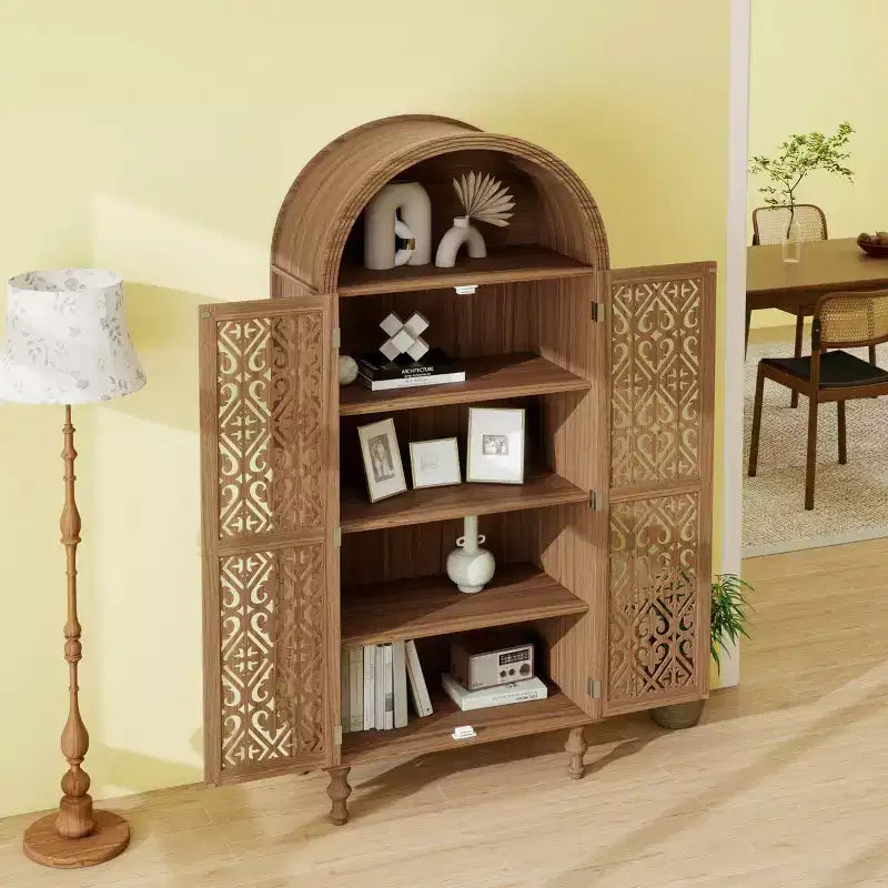 70 Armoire de cuisine bohème à arches, grand placard de rangement sculpté en bois composite avec portes creuses et étagères - Panipeachy