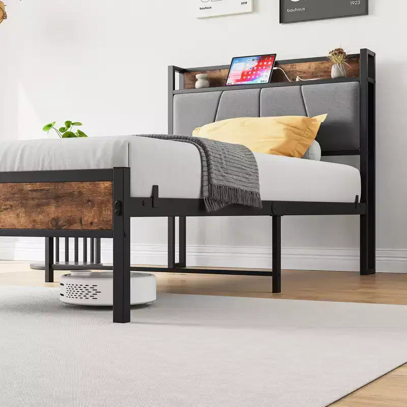 Cadre de lit double avec tête de lit de rangement et station de recharge, pas besoin de sommier tapissier pour chambre à coucher