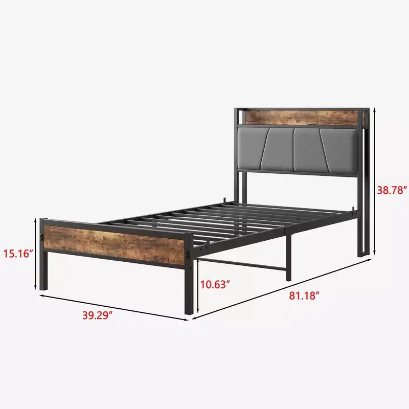 Cadre de lit double avec tête de lit de rangement et station de recharge, pas besoin de sommier tapissier pour chambre à coucher