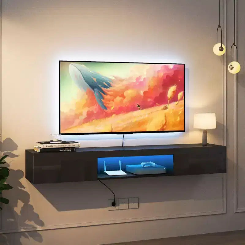Meuble TV flottant mural avec lumières LED pour téléviseurs jusqu'à 65 pouces, meuble de divertissement avec espace de rangement
