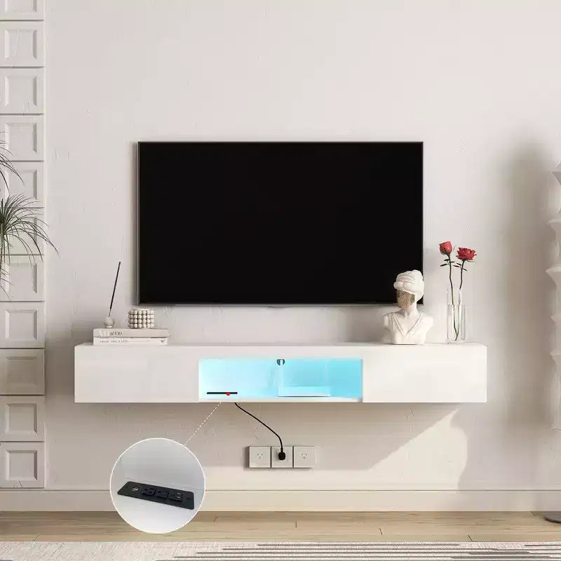 Meuble TV flottant mural avec lumières LED pour téléviseurs jusqu'à 65 pouces, meuble de divertissement avec espace de rangement