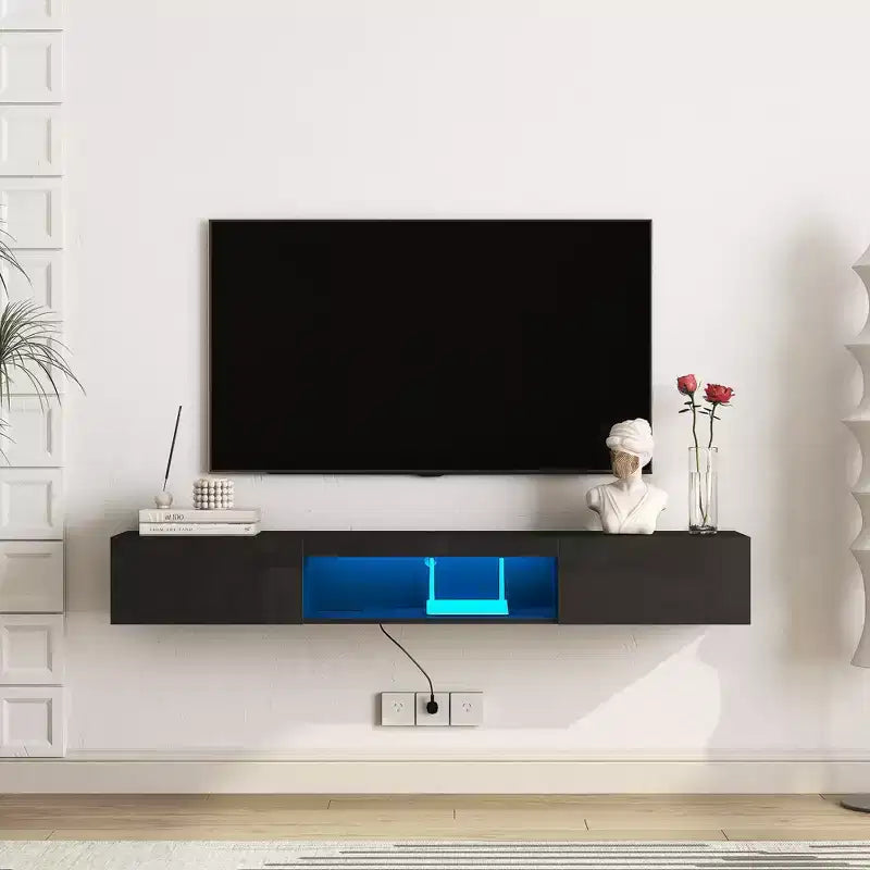 Meuble TV flottant mural avec lumières LED pour téléviseurs jusqu'à 65 pouces, meuble de divertissement avec espace de rangement
