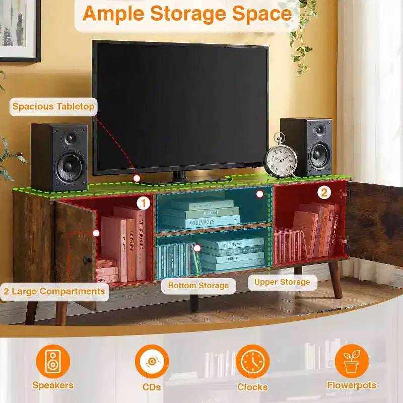 Meuble TV pour écran plat de 55 pouces, console média en bois robuste avec étagère réglable