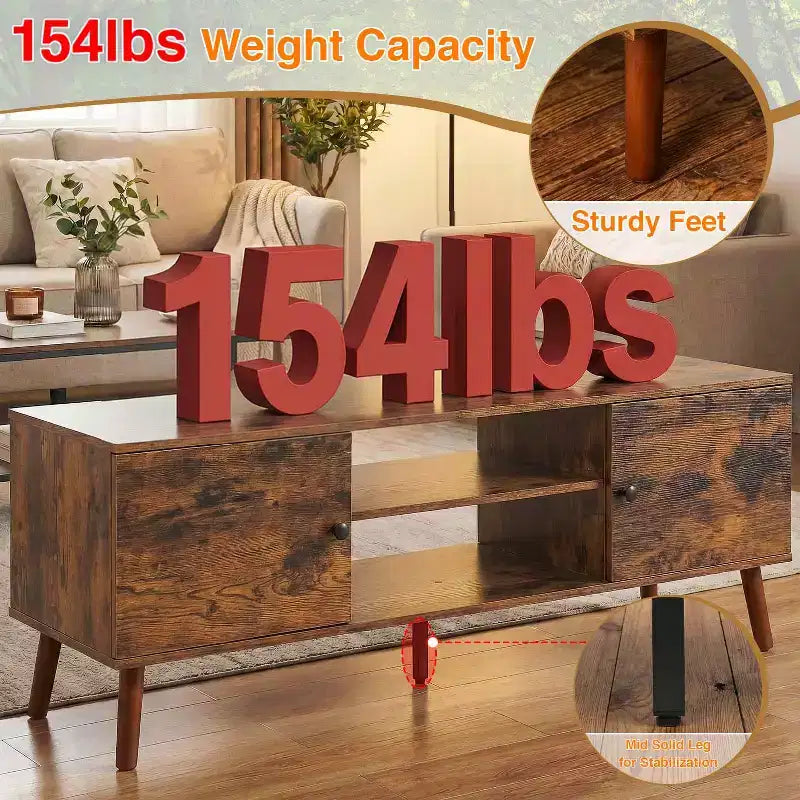 Meuble TV pour écran plat de 55 pouces, console média en bois robuste avec étagère réglable