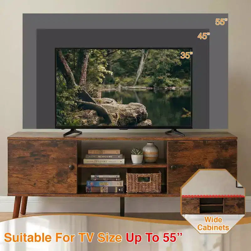 Meuble TV pour écran plat de 55 pouces, console média en bois robuste avec étagère réglable