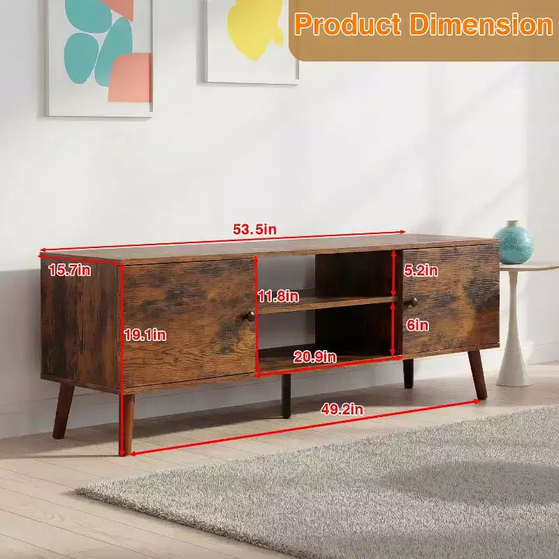 Meuble TV pour écran plat de 55 pouces, console média en bois robuste avec étagère réglable