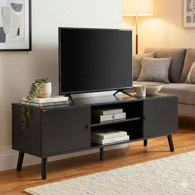 Meuble TV pour écran plat de 55 pouces, console média en bois robuste avec étagère réglable