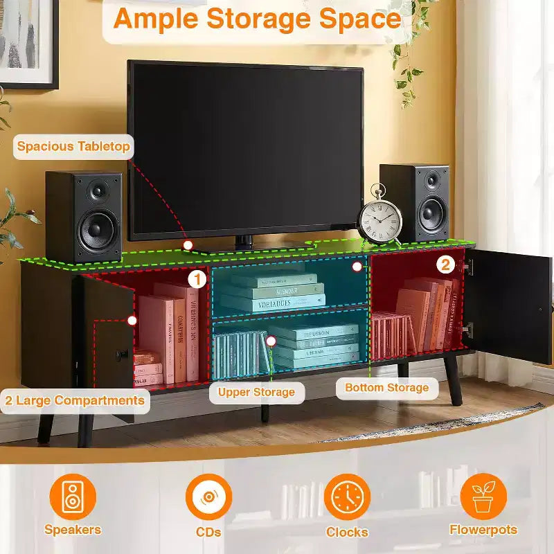 Meuble TV pour écran plat de 55 pouces, console média en bois robuste avec étagère réglable