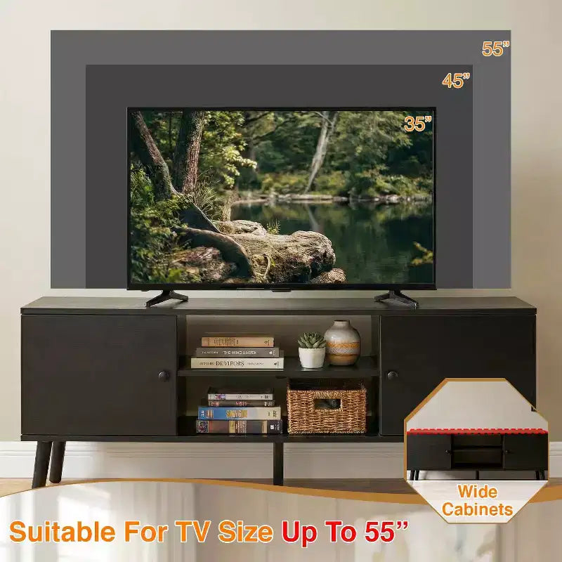 Meuble TV pour écran plat de 55 pouces, console média en bois robuste avec étagère réglable