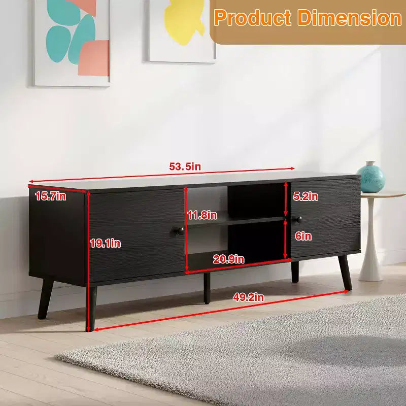 Meuble TV pour écran plat de 55 pouces, console média en bois robuste avec étagère réglable