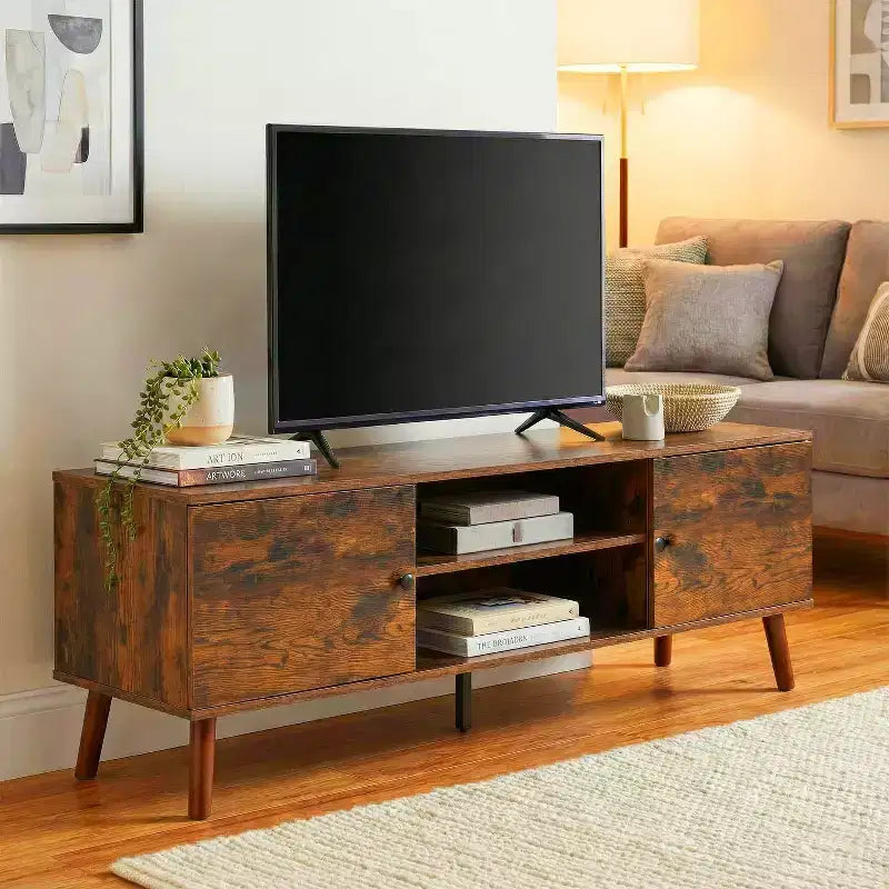 Meuble TV pour écran plat de 55 pouces, console média en bois robuste avec étagère réglable