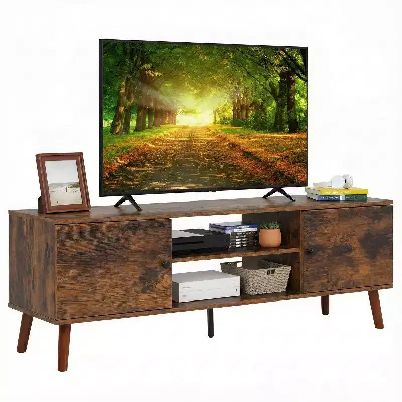 Meuble TV pour écran plat de 55 pouces, console média en bois robuste avec étagère réglable