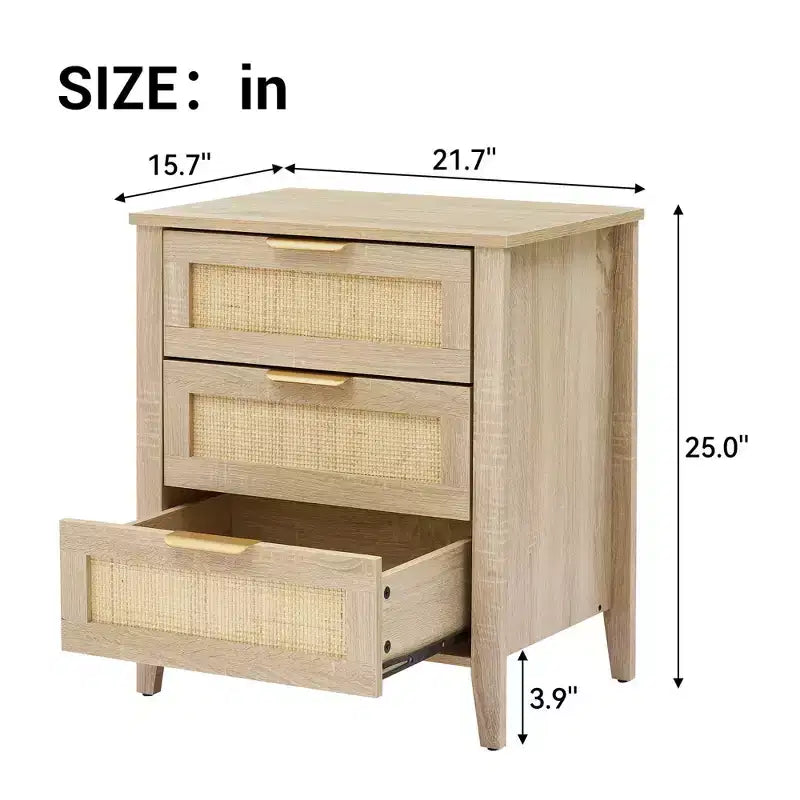 Table de chevet en rotin - 3 tiroirs en osier naturel, table de chevet de rangement de style bohème pour chambre à coucher, salon, finition bois naturel