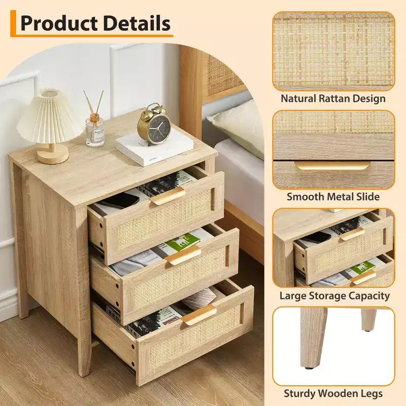 Table de chevet en rotin - 3 tiroirs en osier naturel, table de chevet de rangement de style bohème pour chambre à coucher, salon, finition bois naturel