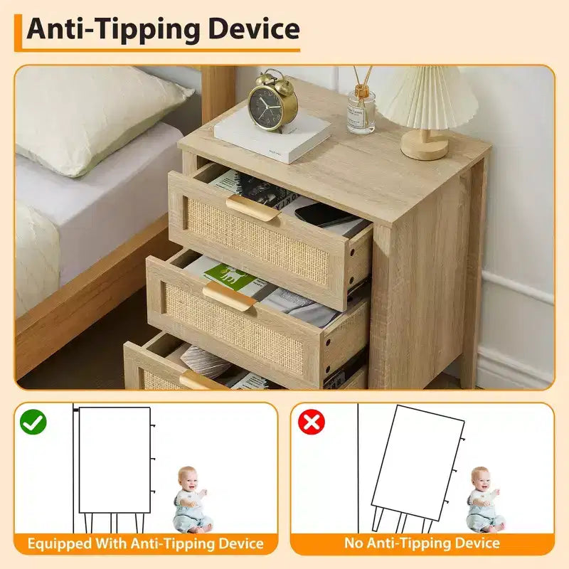 Table de chevet en rotin - 3 tiroirs en osier naturel, table de chevet de rangement de style bohème pour chambre à coucher, salon, finition bois naturel