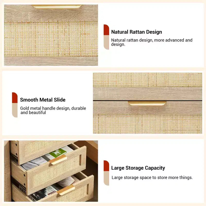 Table de chevet en rotin - 3 tiroirs en osier naturel, table de chevet de rangement de style bohème pour chambre à coucher, salon, finition bois naturel