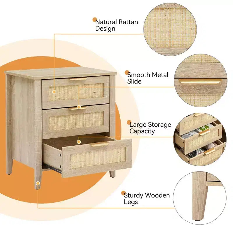 Table de chevet en rotin - 3 tiroirs en osier naturel, table de chevet de rangement de style bohème pour chambre à coucher, salon, finition bois naturel