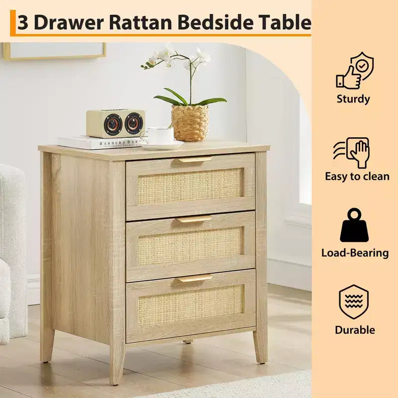 Table de chevet en rotin - 3 tiroirs en osier naturel, table de chevet de rangement de style bohème pour chambre à coucher, salon, finition bois naturel
