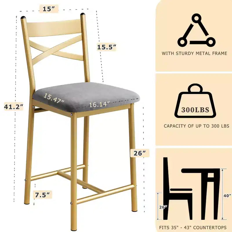 Lot de 4 tabourets de bar de 57 cm – Dossier en X, assise rembourrée épaisse, tabourets de bar hauteur comptoir pour salle à manger, cuisine