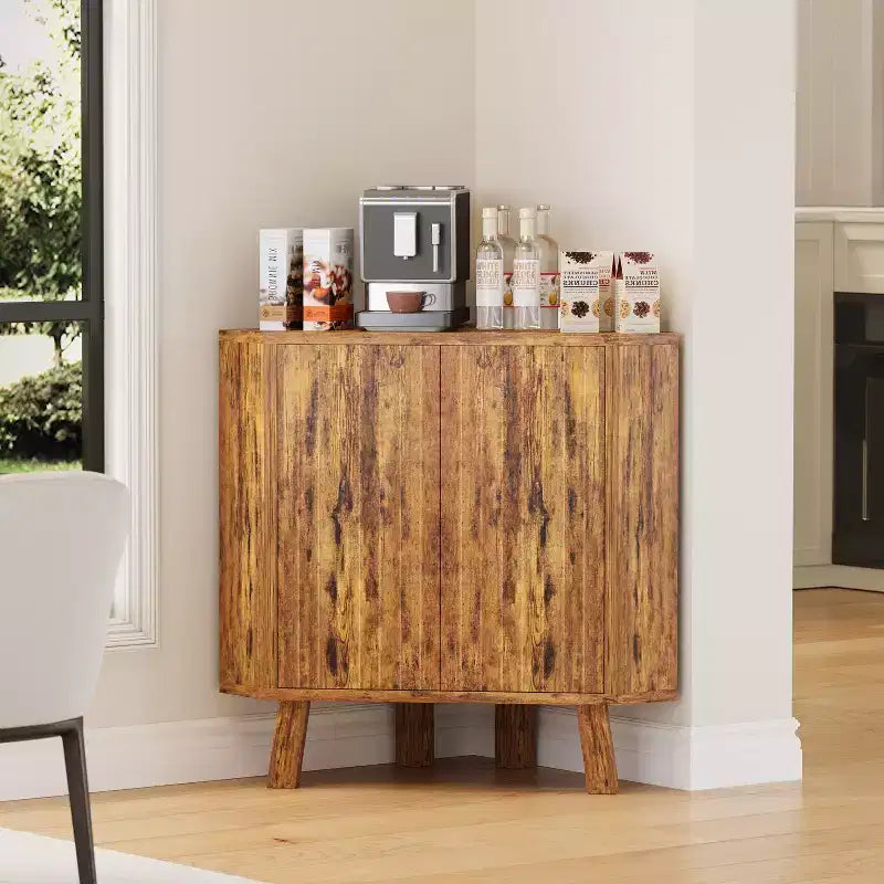 Meuble d'angle cannelé, Armoire de salle de bain autoportante avec étagère réglable, Meuble de rangement étroit pour cuisine, salon et salle de bain